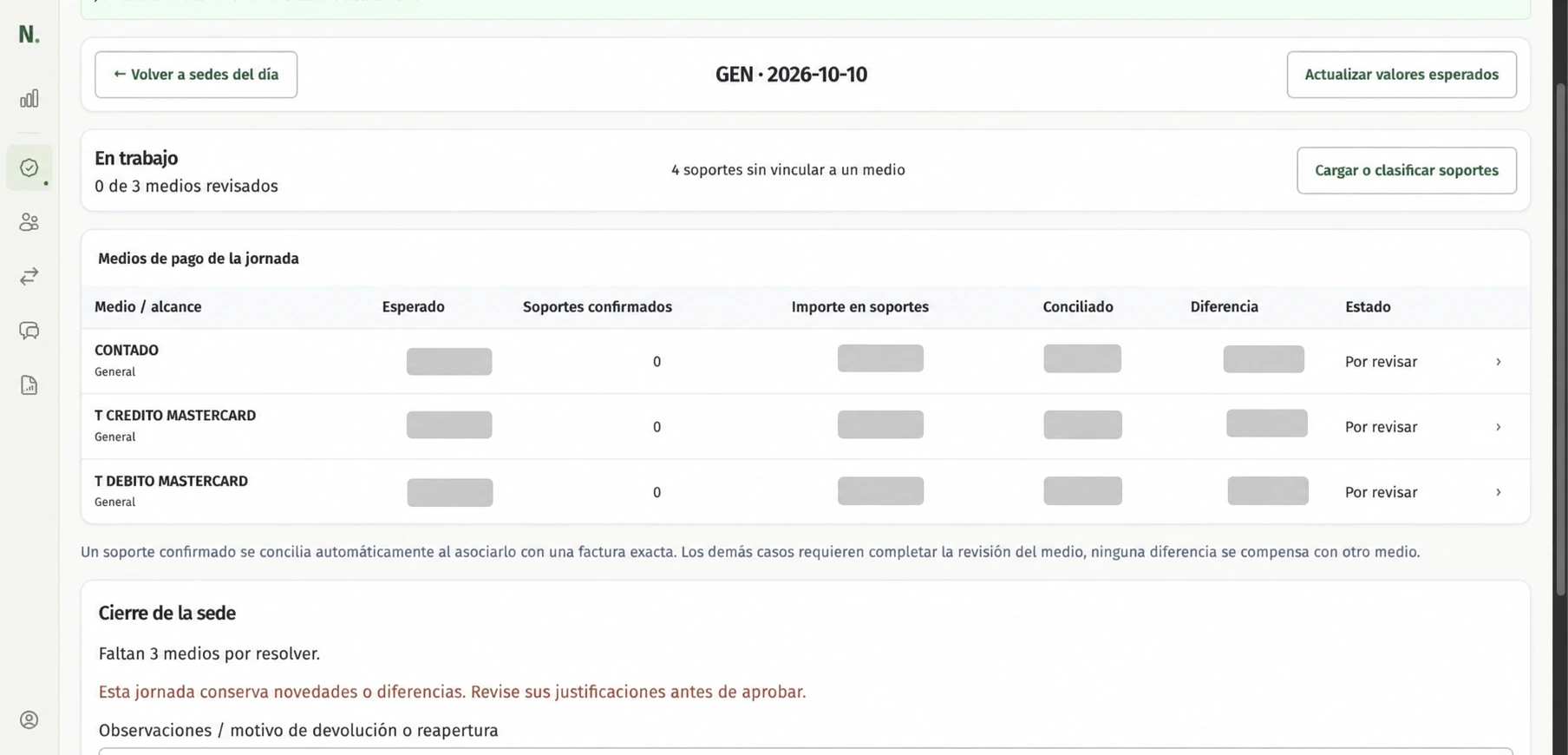 Puntos Natura interface with payment methods, confirmed receipts and review statuses. Monetary amounts hidden.